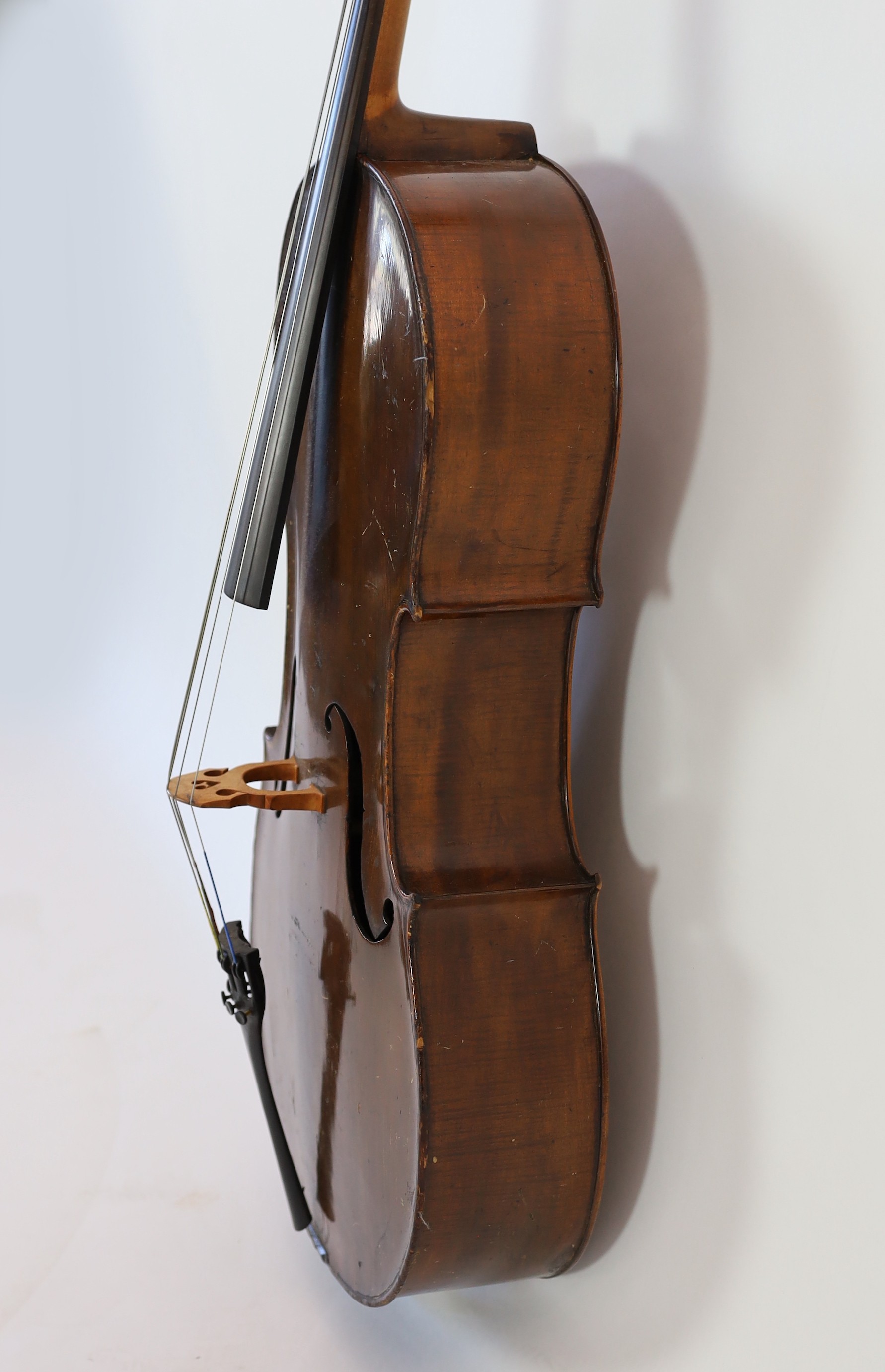 A 19th century Saxon cello, length of back 72.5 cm, soft case